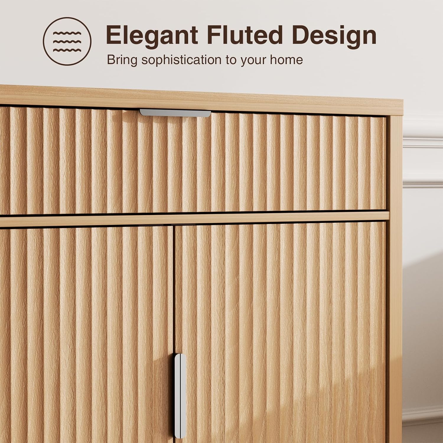 Vabches Fluted Sideboard Buffet Cabinet with Storage, 32" Coffee Bar Console Table with Drawer, Fluted Doors & Adjustable Shelf, Wood Small Buffet Cabinet for Living Room, Kitchen Dining Room, Oak