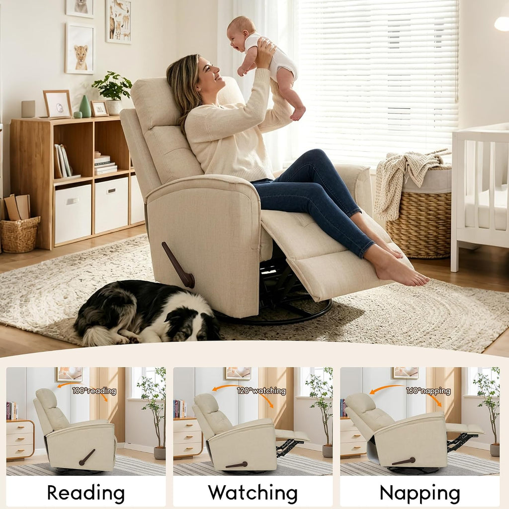 360° Swivel Glider Rocker Recliner Chair, Manual Reclining Sofa for Adults, Nursery Rocking Chiar for Nursery Room, Living Room and Bedroom, Small Recliners for Small Spaces,Beige