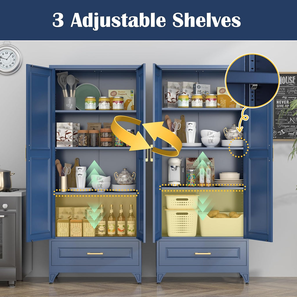 SteeLoong 75" Kitchen Pantry Cabinet with Drawer, Metal Storage Cabinets with Doors and 4 Adjustable Shelves,Blue Kitchen Cabinet with 2 Gold Handles,Food Cupboard for Livingroom,Pantry, Bathroom