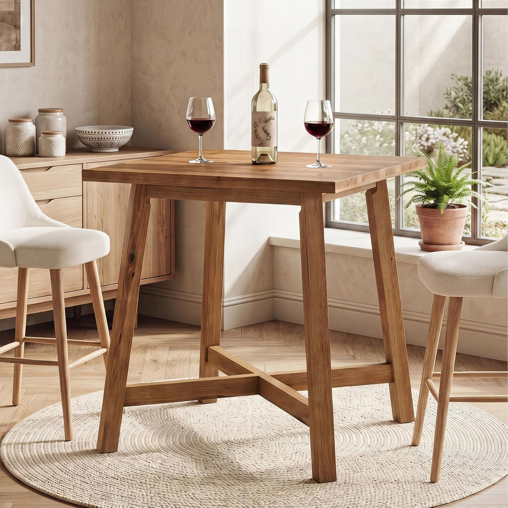 Solid Wood Bar Table, 31.5" Square Counter Height Pub Bistro Table with Footrest for Kitchen Dining Room, Farmhouse Small High Top Cocktail Furniture for Apartment Cafe, Brown
