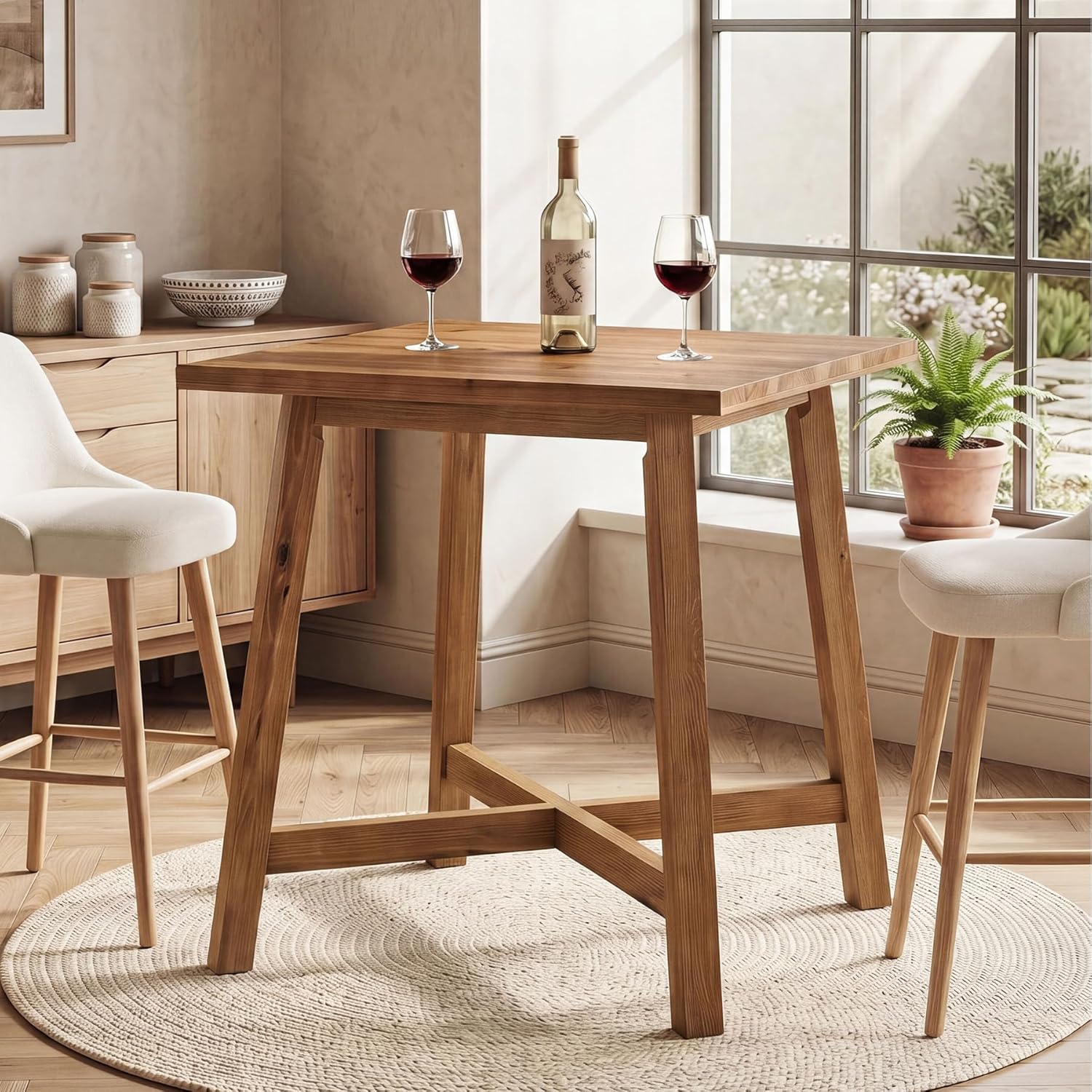 Solid Wood Bar Table, 31.5" Square Counter Height Pub Bistro Table with Footrest for Kitchen Dining Room, Farmhouse Small High Top Cocktail Furniture for Apartment Cafe, Brown