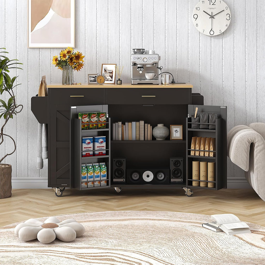 VVFLU 51.8" Kitchen Island Cart with Trash Can Storage, Kitchen Island on Wheels with Power Outlet & Drop Leaf, Rolling Kitchen Cart with Towel Rack & Spice Rack, Mobile Islands Table for Kitchen