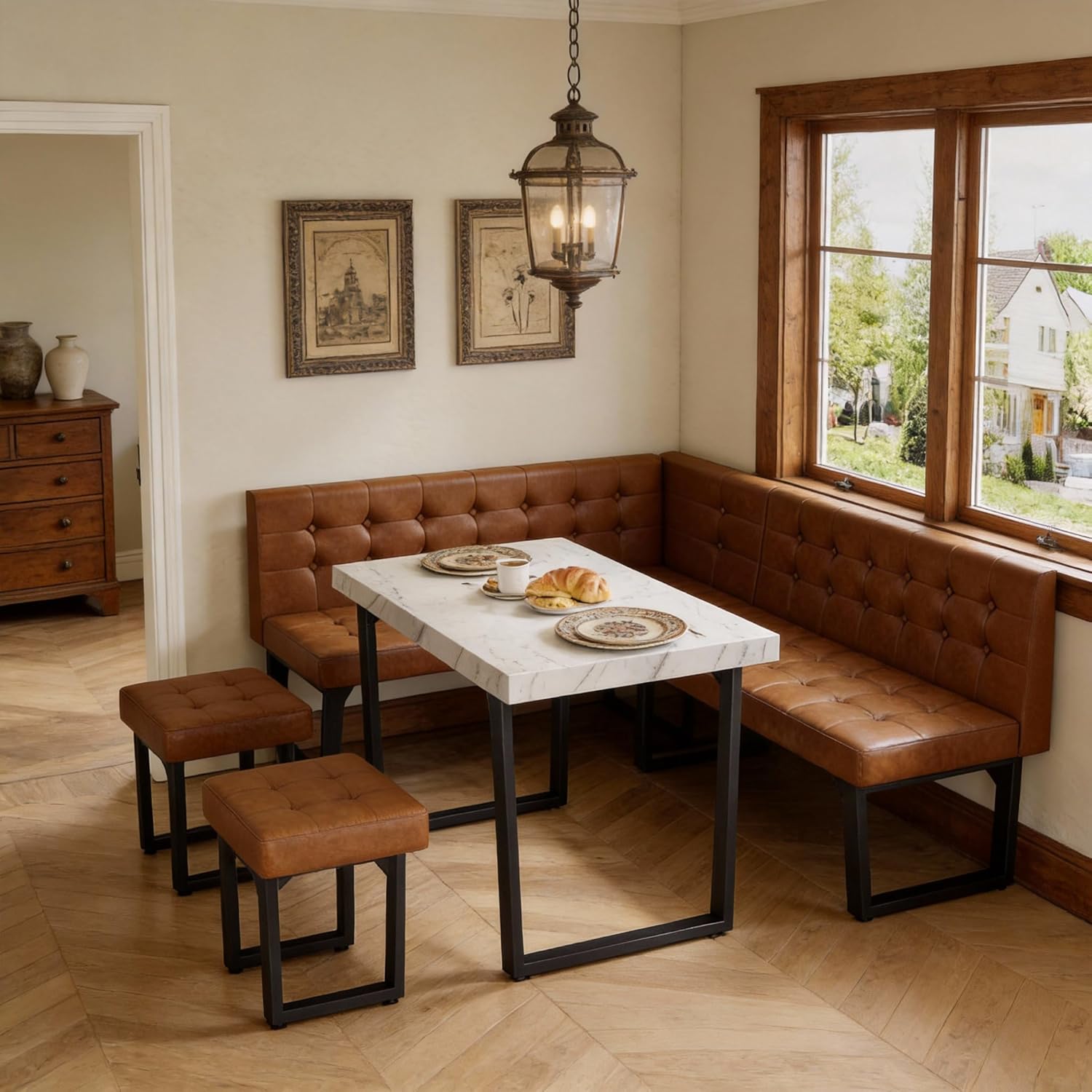 Brafab Corner Dining Table Set, 72 Inch Breakfast Nook Table Set with Upholstered Banquette, 5-Piece Corner Bench Dining Table Set, Luxury Caramel