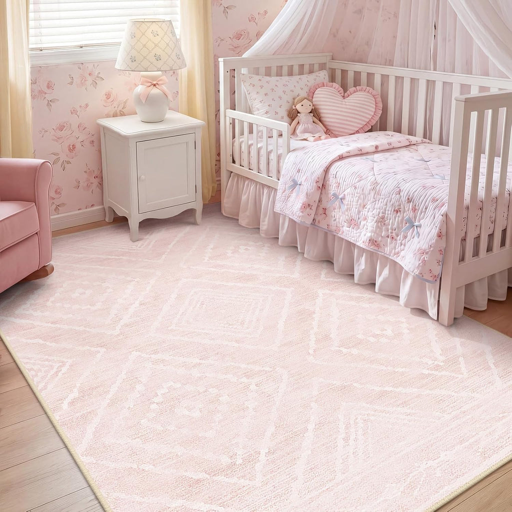 BESTSWEETIE Area Rug 5x7 Rug Machine Washable Non-Slip Low Pile Print Pattern Western Rug for Living Room Bedroom Entryway Tribal Series -Light Pink/Cream