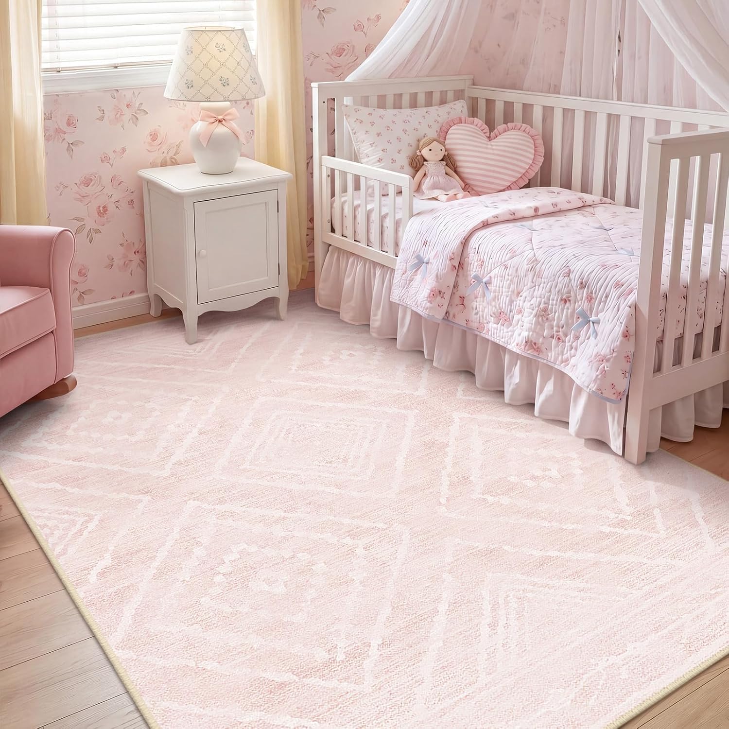BESTSWEETIE Area Rug 5x7 Rug Machine Washable Non-Slip Low Pile Print Pattern Western Rug for Living Room Bedroom Entryway Tribal Series -Light Pink/Cream
