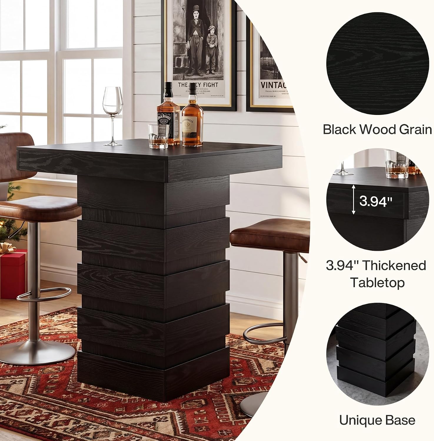 Tribesigns Square Bar Table, 37.4” H Modern Bar Height Pub Table with Stacked Block Base, Black High Top Bistro Table for Kitchen Nook, Living Room, Small Spaces (Table Only)