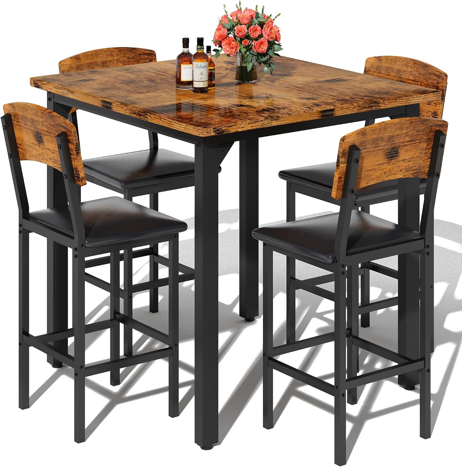 AWQM 5-Piece Dining Table Set, Dining Table Set for 4, Counter Height Table & 4 Bar Stools, Modern Kitchen Dining Set, with Upholstered Chairs, Compact Dining Set for Small Spaces (Walnut Color)