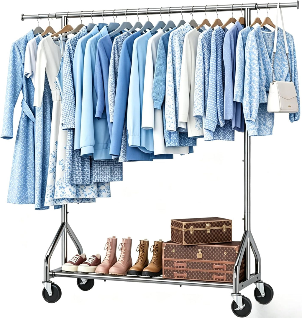 Simple Trending Heavy Duty Clothes Rack Load 450 LBS, Clothing Rack for Hanging Clothes, Garment Rack with Wheels & Shelves, for the Bedroom, Laundry Room
