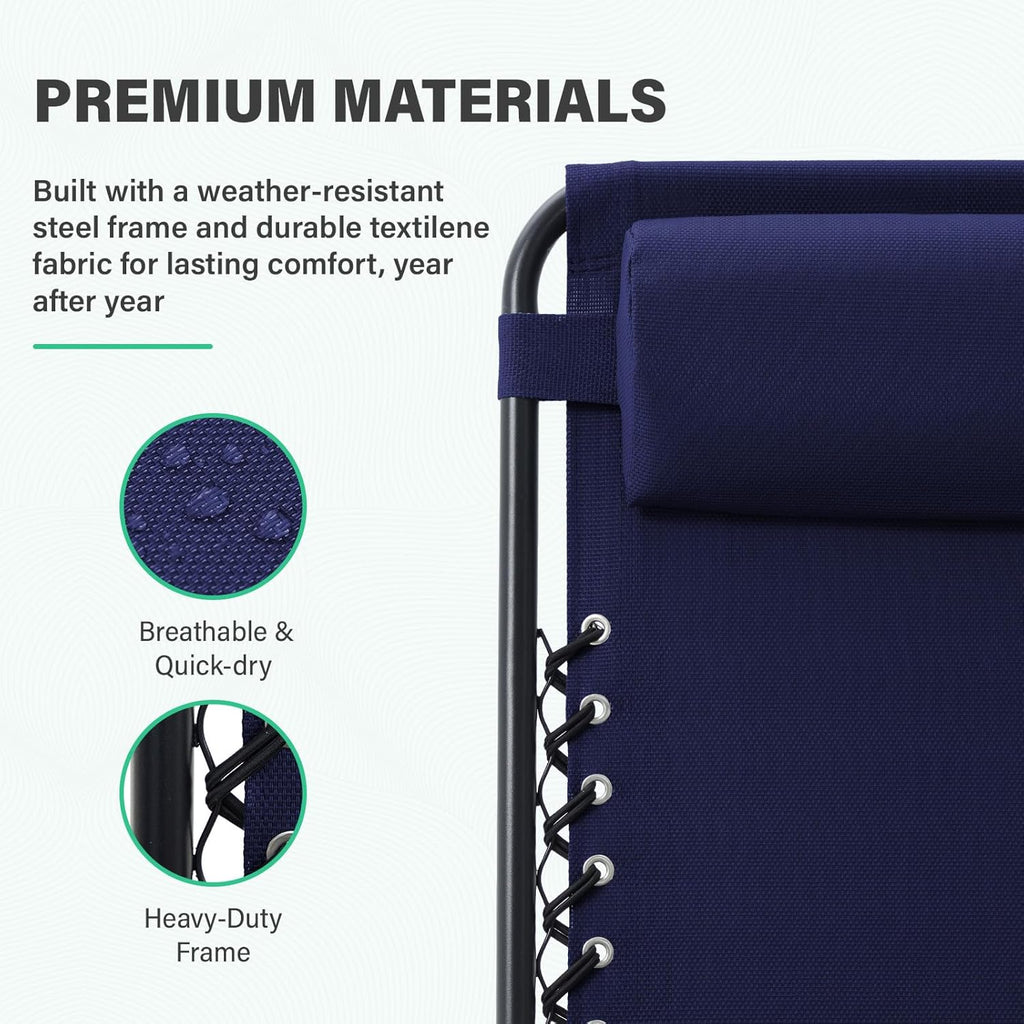 JEAREY Zero Gravity Lounge Chairs Set of 2, Adjustable Steel Mesh Recliners with Pillows and Cup Holder Trays for Patio, Garden, Beach, Navy Blue