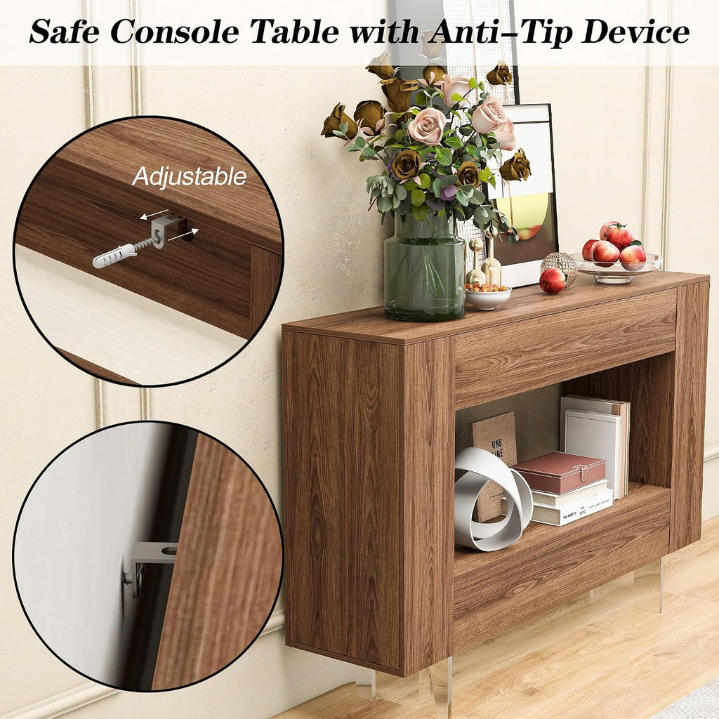 Console Table Entryway Table with Push-Open Doors - Modern Sofa Table with Open Shelf for Foyer, Living Room, Bedroom, Woodgrain Finish, Brown