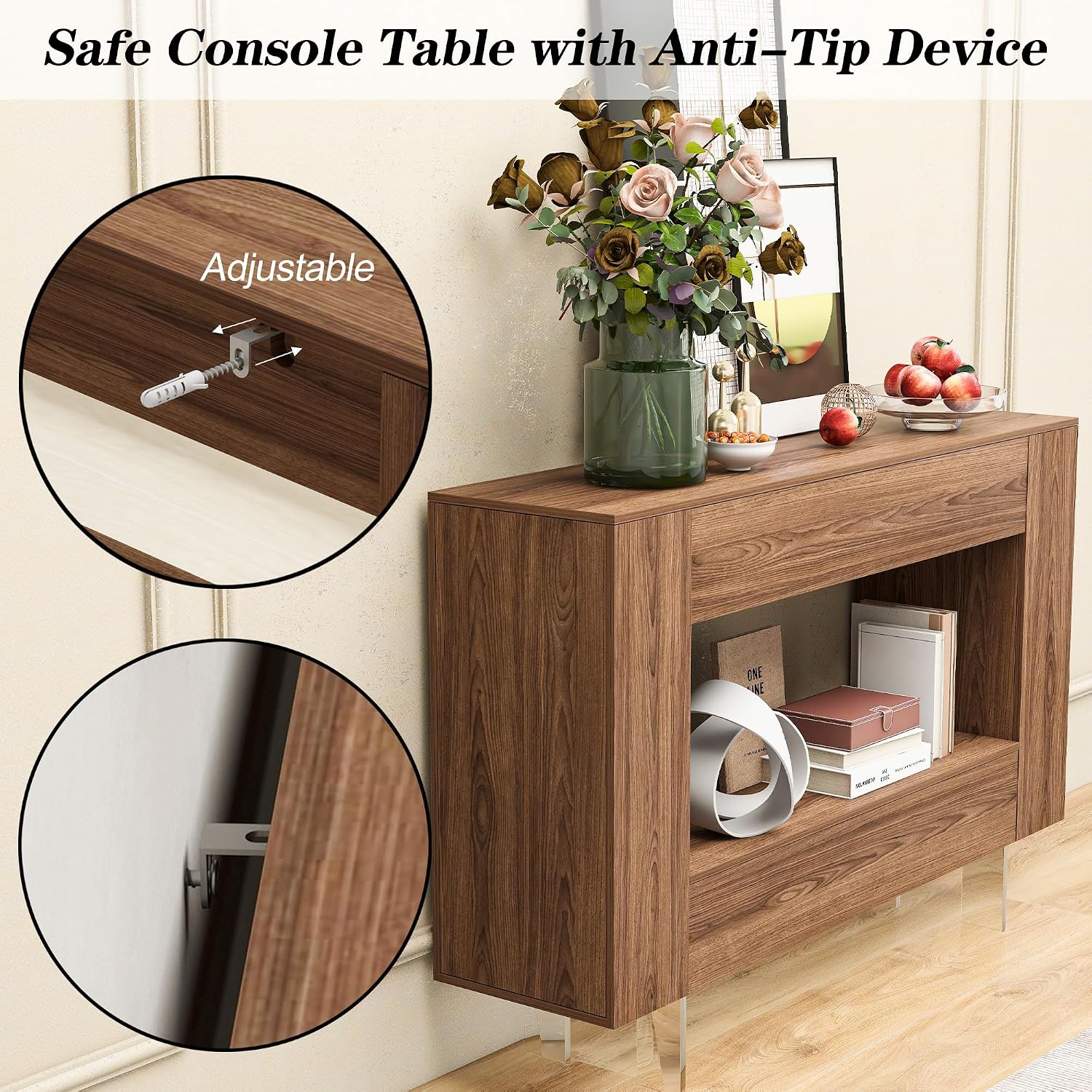 Console Table Entryway Table with Push-Open Doors - Modern Sofa Table with Open Shelf for Foyer, Living Room, Bedroom, Woodgrain Finish, Brown