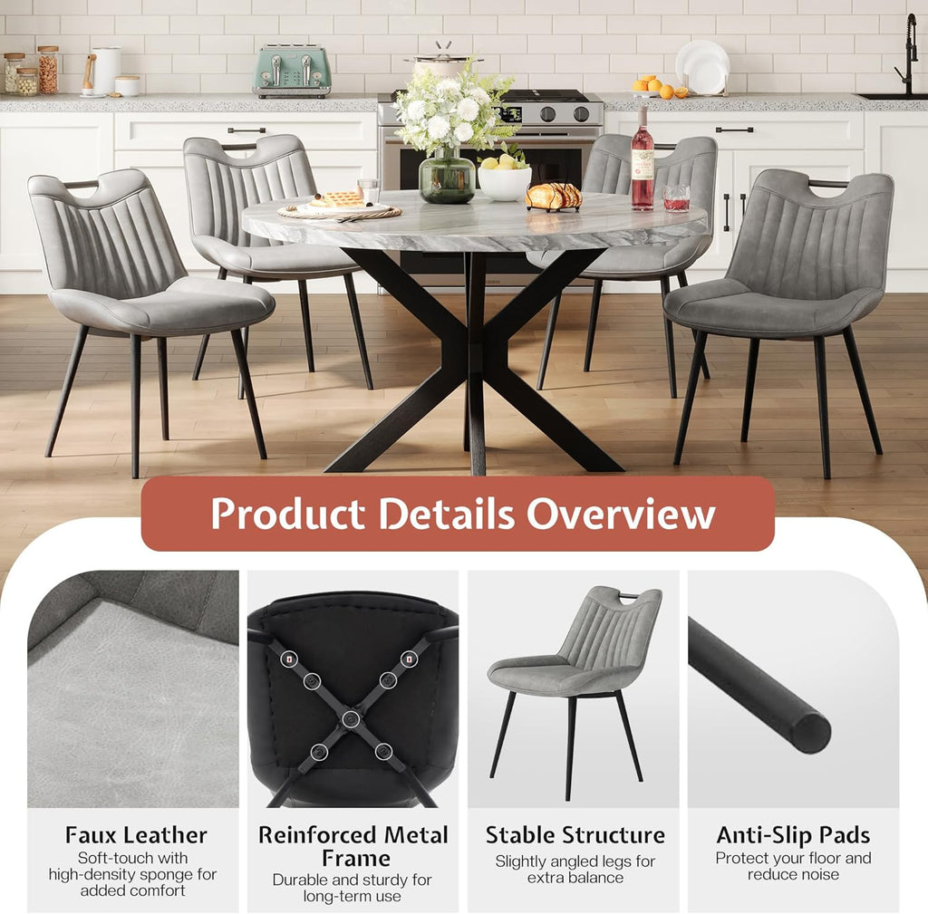 Jocisland Upholstered Faux Leather Dining Chairs Set of 4, Mid-Century Modern Kitchen & Dining Room Chairs with Curved Backrest, Cutout Handle, Metal Legs & Padded Seat, Grey