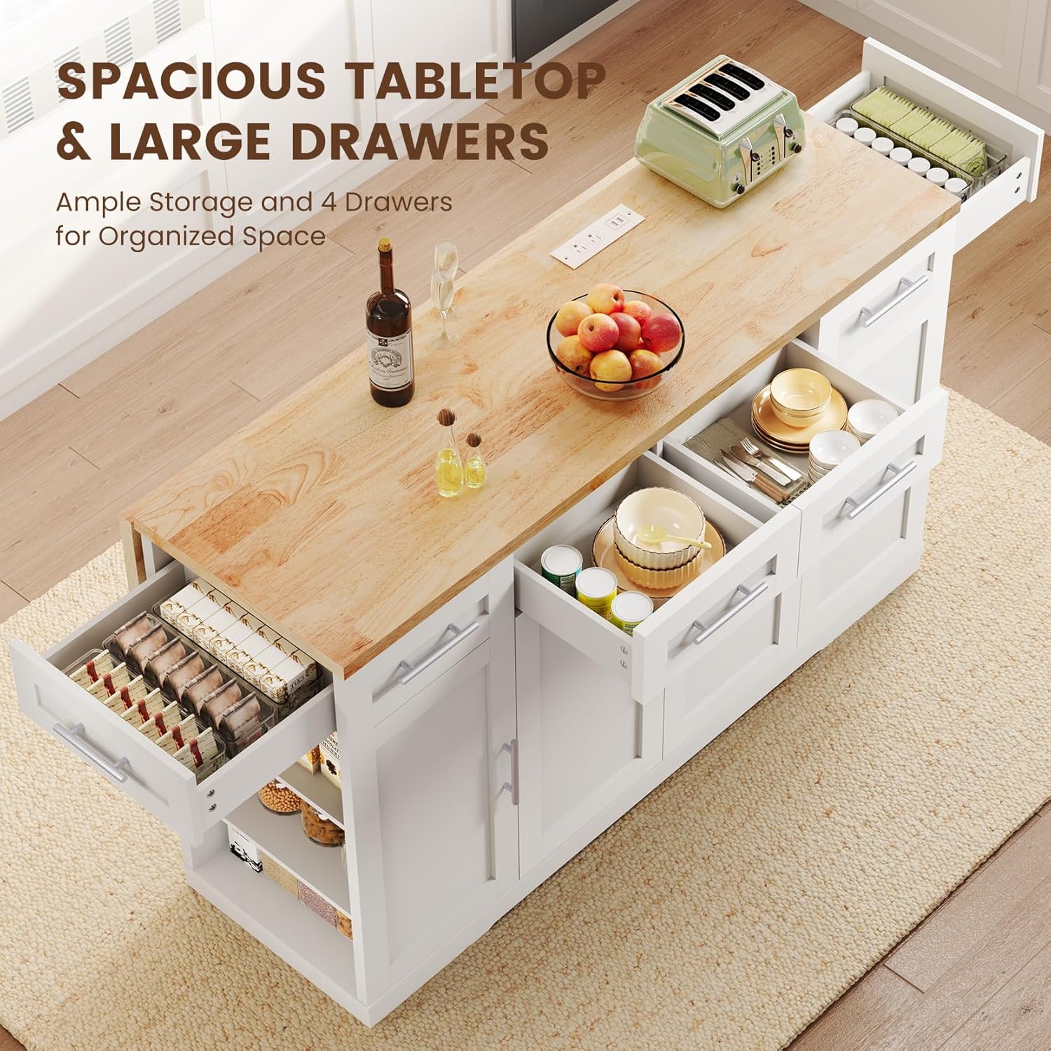 Dripex 53'' Rolling Kitchen Island with Power Outlet, Drop Leaf & Trash Can Storage, Large Island Cart on Wheels with Rubberwood Top, 4 Drawers, Open Shelves, for Kitchen, Dining Room (White)