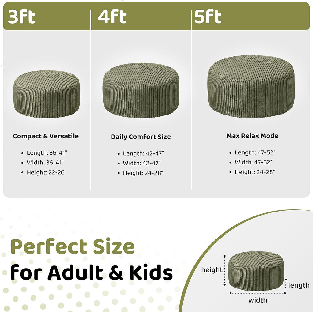 HABUTWAY 4FT Bean Bag Chair, 4' Large Bean Bag Chairs for Adults with Removable Stripe Plush Cover, Memory Foam Beanbag Chair for Living Room Bedroom Dorm (Green)