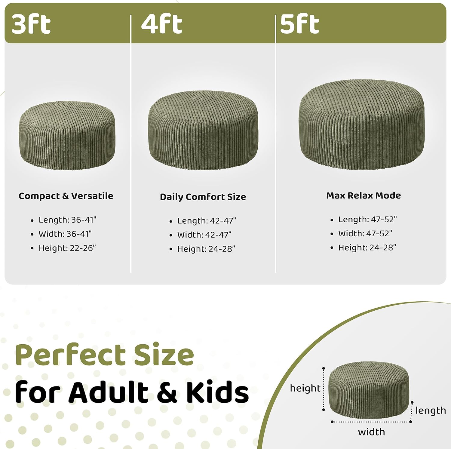 HABUTWAY 4FT Bean Bag Chair, 4' Large Bean Bag Chairs for Adults with Removable Stripe Plush Cover, Memory Foam Beanbag Chair for Living Room Bedroom Dorm (Green)