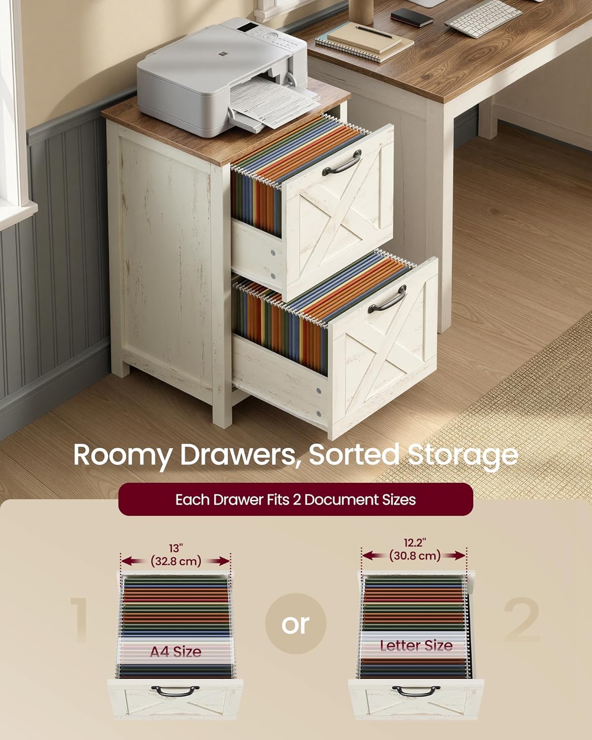 VASAGLE File Cabinet, 2-Drawer Filing Cabinet for Home Office, Modern Farmhouse, Adjustable Hanging Rail for A4 Letter Files, Printer Stand, Study Bedroom, Rustic White and Honey Brown UOFC086WJ02S