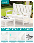 SERWALL Outdoor Bench with Cup Holder, Oversized 58" HDPE Porch Bench Suitable for 3 Person, All Weather Patio Benches with High Backrest for Garden, Park, Yard, Front Porch, White