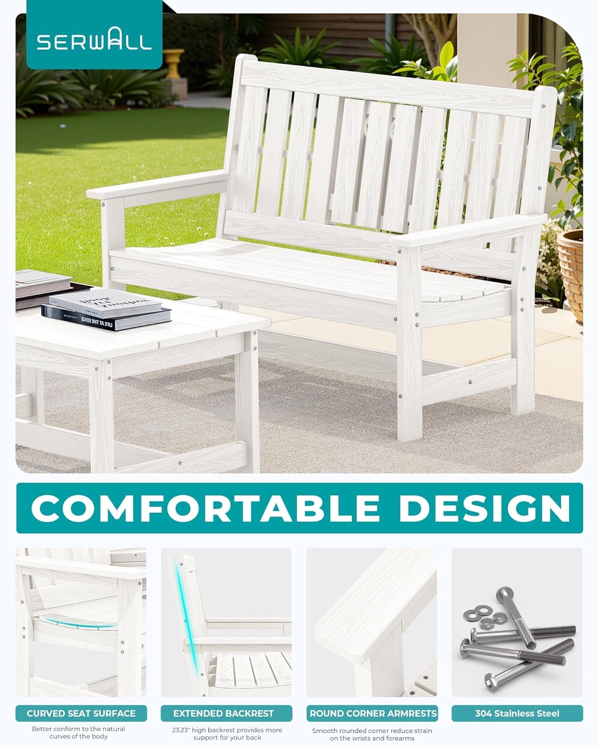 SERWALL Outdoor Bench with Cup Holder, Oversized 58" HDPE Porch Bench Suitable for 3 Person, All Weather Patio Benches with High Backrest for Garden, Park, Yard, Front Porch, White