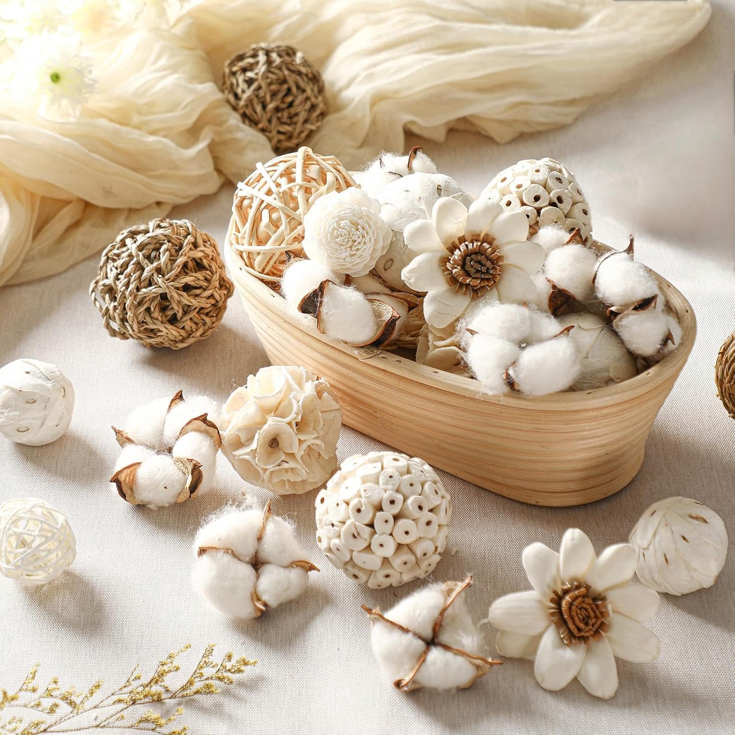 Riceshoot White 2 Pack Potpourri Decorative Balls Bowl Filler Decor Summer Natural Vase Bowl Filler Centerpiece Assorted Spherical Sunflower Lemon Rattan Twigs Wicker Ball Cotton for Home