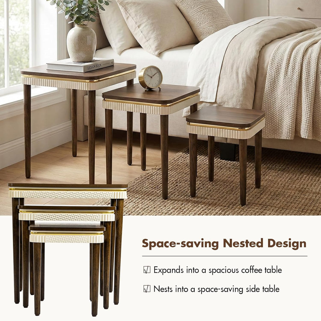 Hyfirm Walnut Side Table End Table Nesting Tables Set of 3, Retro Nesting Tables with Veneered Top & Gold Trim, Mid Century Modern Nesting Wood Coffee Tables for Living Room/Bedroom/Apartment