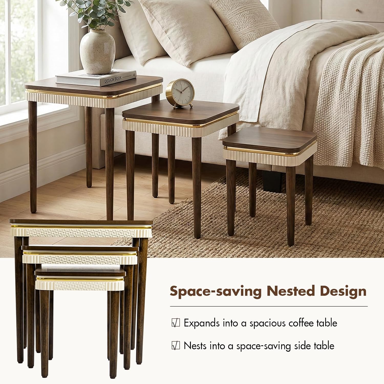 Hyfirm Walnut Side Table End Table Nesting Tables Set of 3, Retro Nesting Tables with Veneered Top & Gold Trim, Mid Century Modern Nesting Wood Coffee Tables for Living Room/Bedroom/Apartment