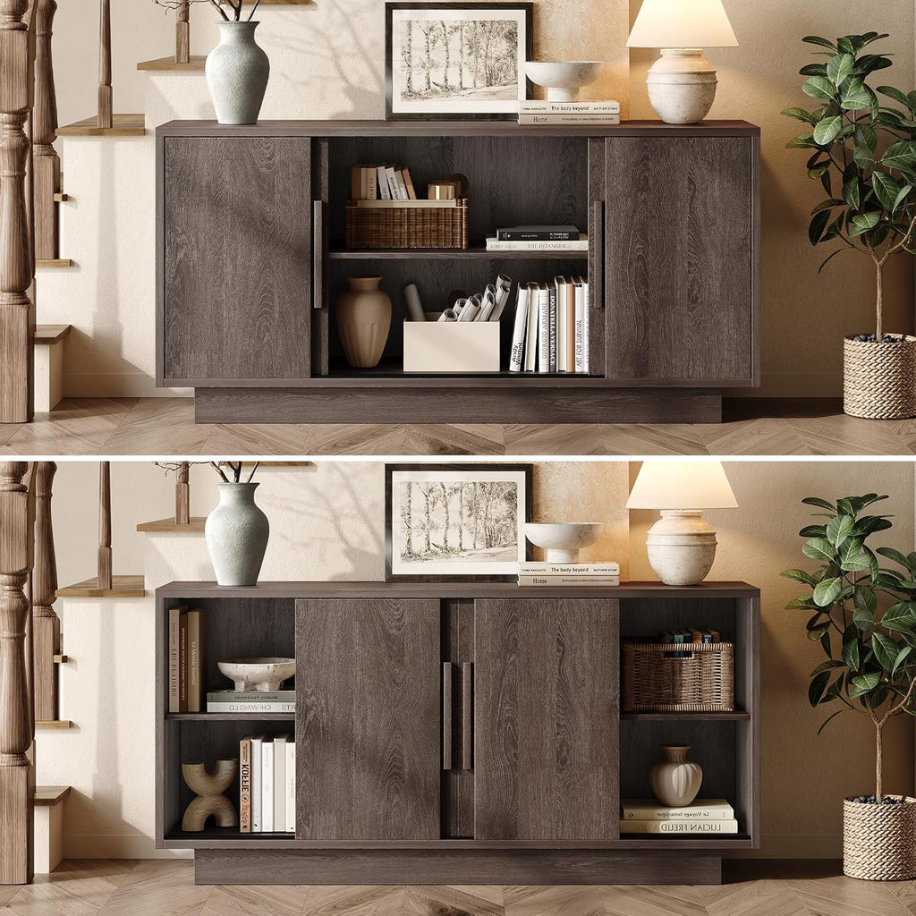 ModernMate 63'' Sideboard Buffet Cabinet with 4 Sliding Doors, Wood Credenza Storage Cabinet with Pedestal Base, Large Side Board with Adjustable Shelf for Living Room, Kitchen, Hallway, Dark Walnut