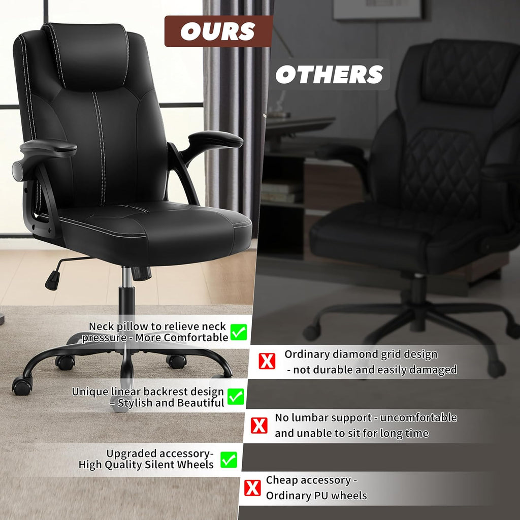 Executive Office Chair, Ergonomic PU Leather Computer Chairs, Executive Breathable Desk Chair with Padded Flip-Up Arms, 360° Swivel Rolling Chair Comfy Padded for Working Studying Gaming (Black)