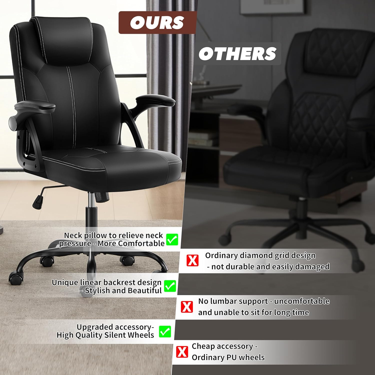 Executive Office Chair, Ergonomic PU Leather Computer Chairs, Executive Breathable Desk Chair with Padded Flip-Up Arms, 360° Swivel Rolling Chair Comfy Padded for Working Studying Gaming (Black)