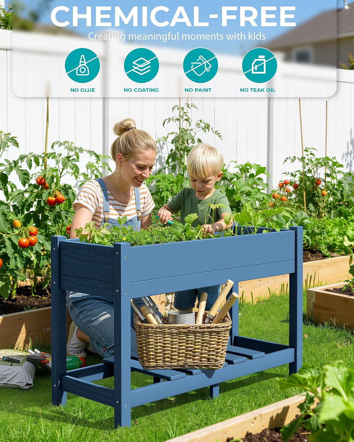 SERWALL Raised Garden Bed with Legs, 43"×17"×30" Large HDPE Elevated Planter Box for Vegetables Flower Herb Patio, All Weather Use- Blue