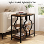 End Table Set of 2, Narrow Side Table with 3-Tier Storage Shelves, Wood Sofa Side Table with Geometric Metal Frame for Living Room, Industrial Bedside Nightstand for Bedroom (Brown)