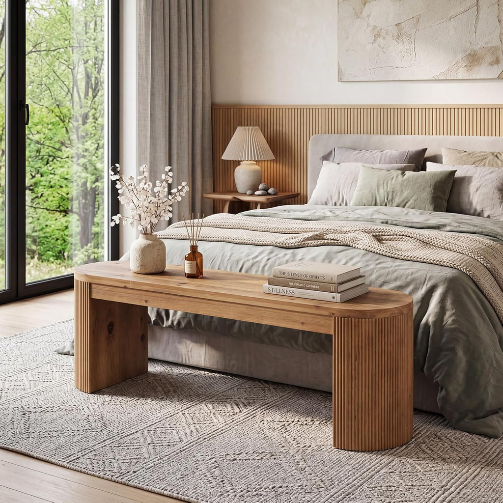 LITTLE TREE 55” Solid Wood Entryway Bench, Farmhouse Dining Bench with Fluted Legs & Half Round Curved Sides, Long Shoe Bench with Storage, Wooden End of Bed Bench for Bedroom, Dining Room