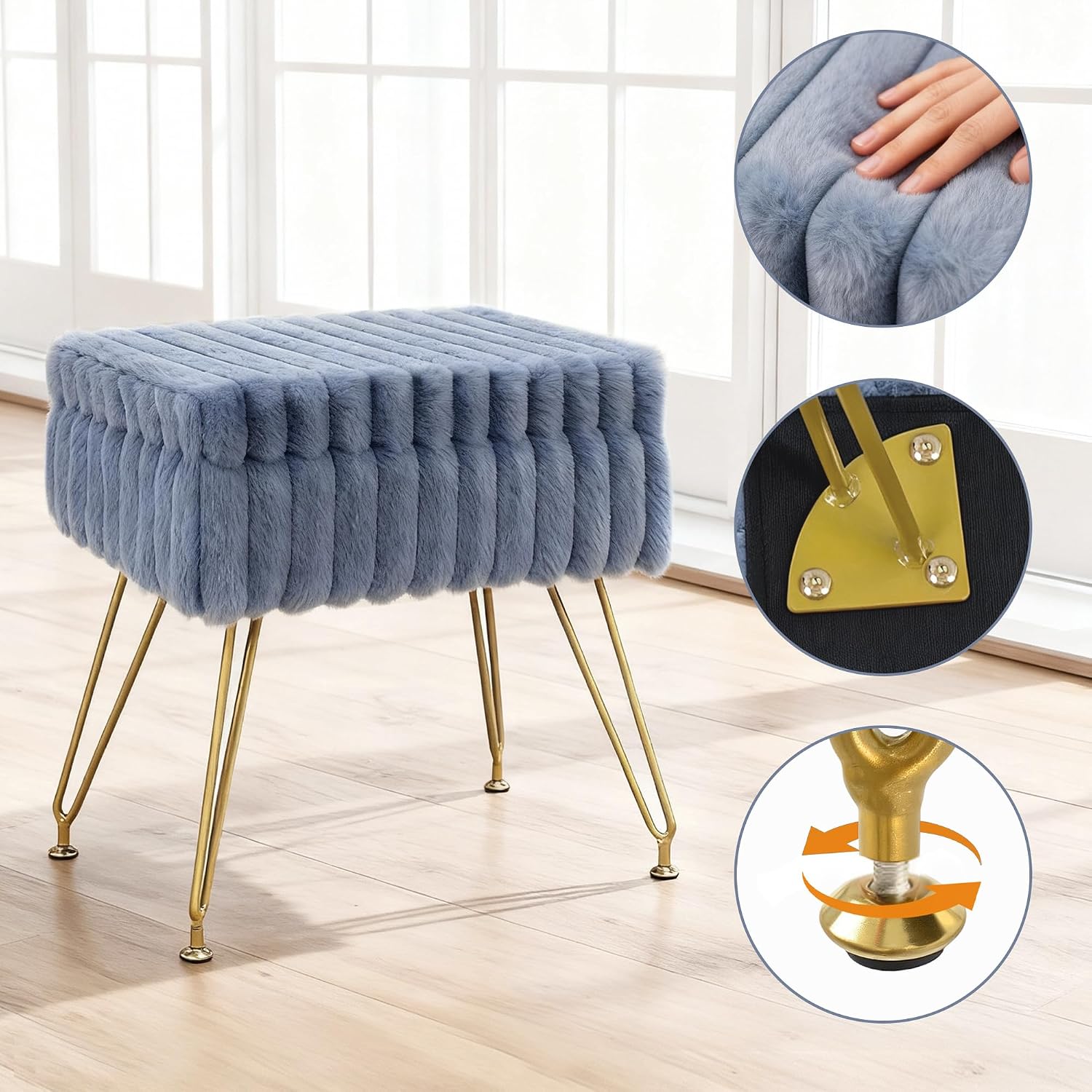 Vanity Stool Chair with Storage, Faux Fur Soft Padded Ottoman with Coffee Table, Modern Vanity Chair Fluffy Footstool with Metal Legs for Makeup, Living Room,Bedroom Blue