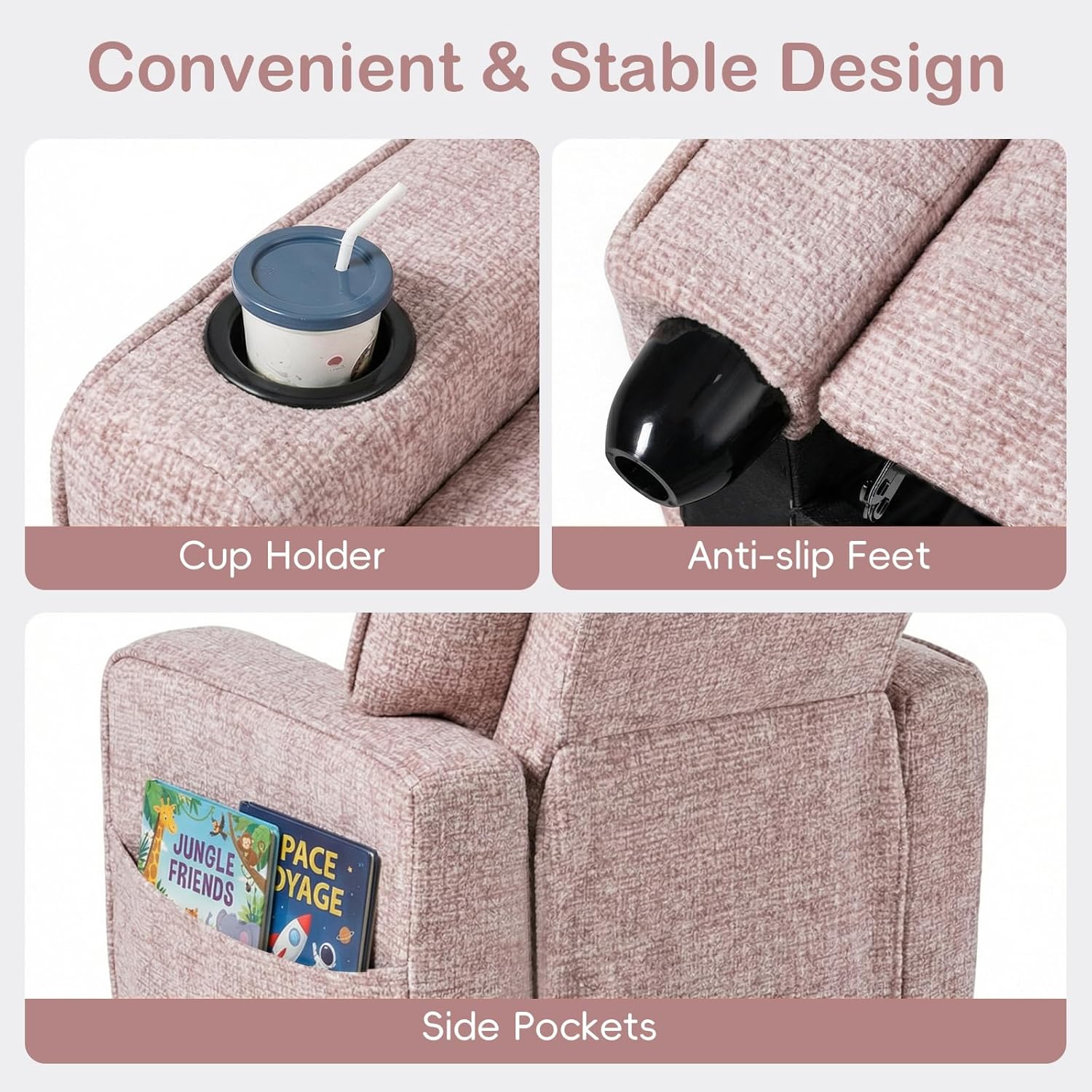 INFANS Kids Recliner, Toddler Lounge Chair with Adjustable Backrest Footrest Side Pockets Cup Holder 90 lbs Load, Velvet Fabric Toddler Couch