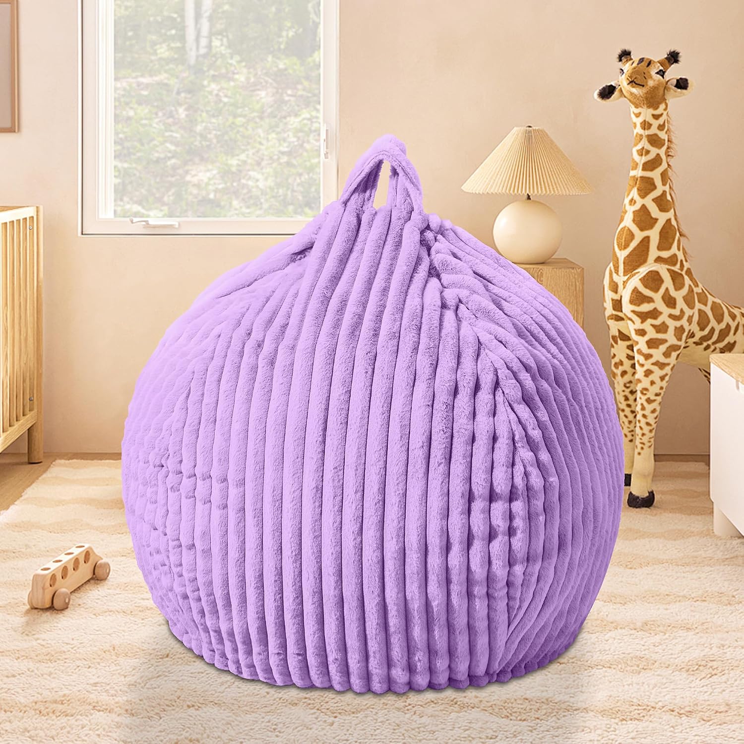 HABUTWAY 2FT Bean Bag Chair, 2' Bean Bag Chairs with Memory Foam Filled, Small Comfy Beanbag Chair with Stripe Plush Cover for Living Room Bedroom Dorm，Purple