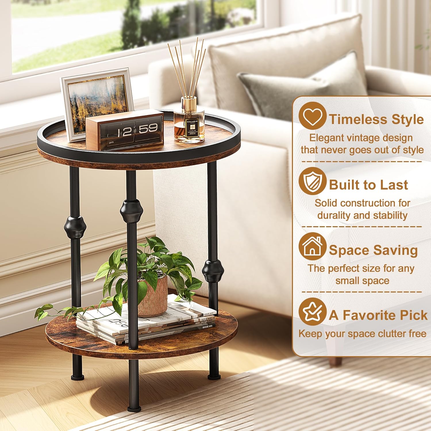 Farmhouse Round Side Table with Storage Shelf,2 Tier End Table with Raised Edge Tray Top,Accent Sofa Table for Small Space,Living Room,Bedroom,Rustic Brown