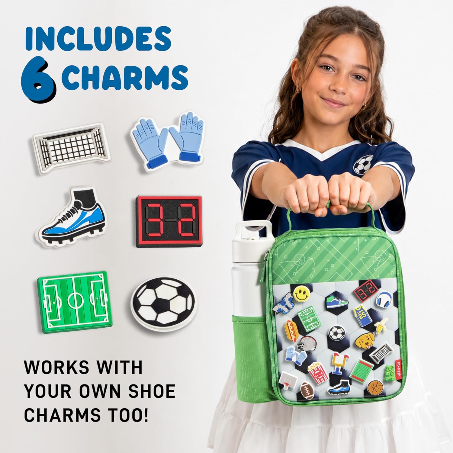 Fit & Fresh Customizable Charm Lunch Bag for Boys & Girls, Soccer Kids Lunch Box with 6 Sports Charms, Premium Insulated Reusable Lunch Tote for School