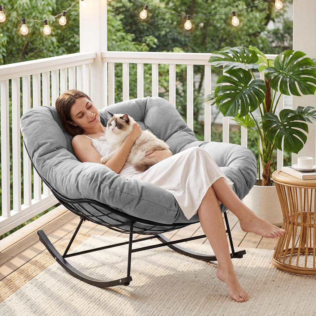 JEAREY Outdoor Papasan Rocking Chair, Oversized Patio Rocker, Comfy Egg Chair for Bedroom, Living Room, Garden, Porch, Lawn, Grey