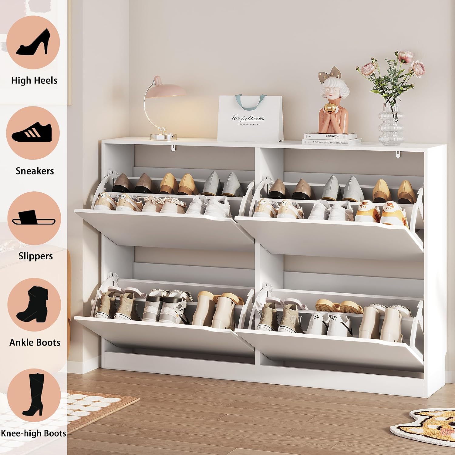 Shoe Storage Cabinet, Wood Shoe Organizer for Entryway with 3 Flip Drawers, Freestanding Shoe Rack with Adjustable Shelf, Narrow Shoe Dresser for Front Door Entrance (White, 4 Drawers)