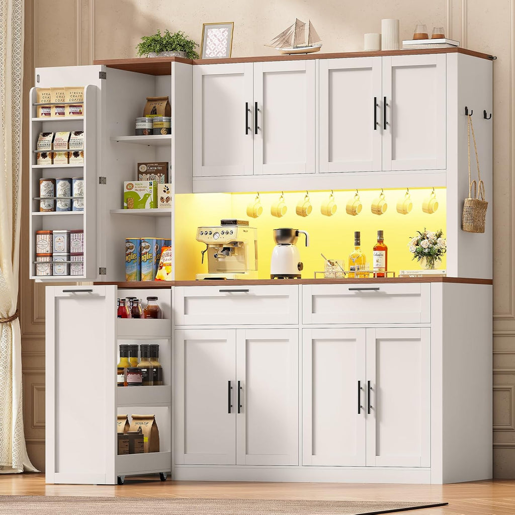 Itaar 71" Kitchen Pantry Cabinet with Charging Station and Led Light, Kitchen Storage Cabinets with Microwave Stand, 59" Wide Pantry Storage Cabinet with Storage Cart 3 Tier for Dining Room, White