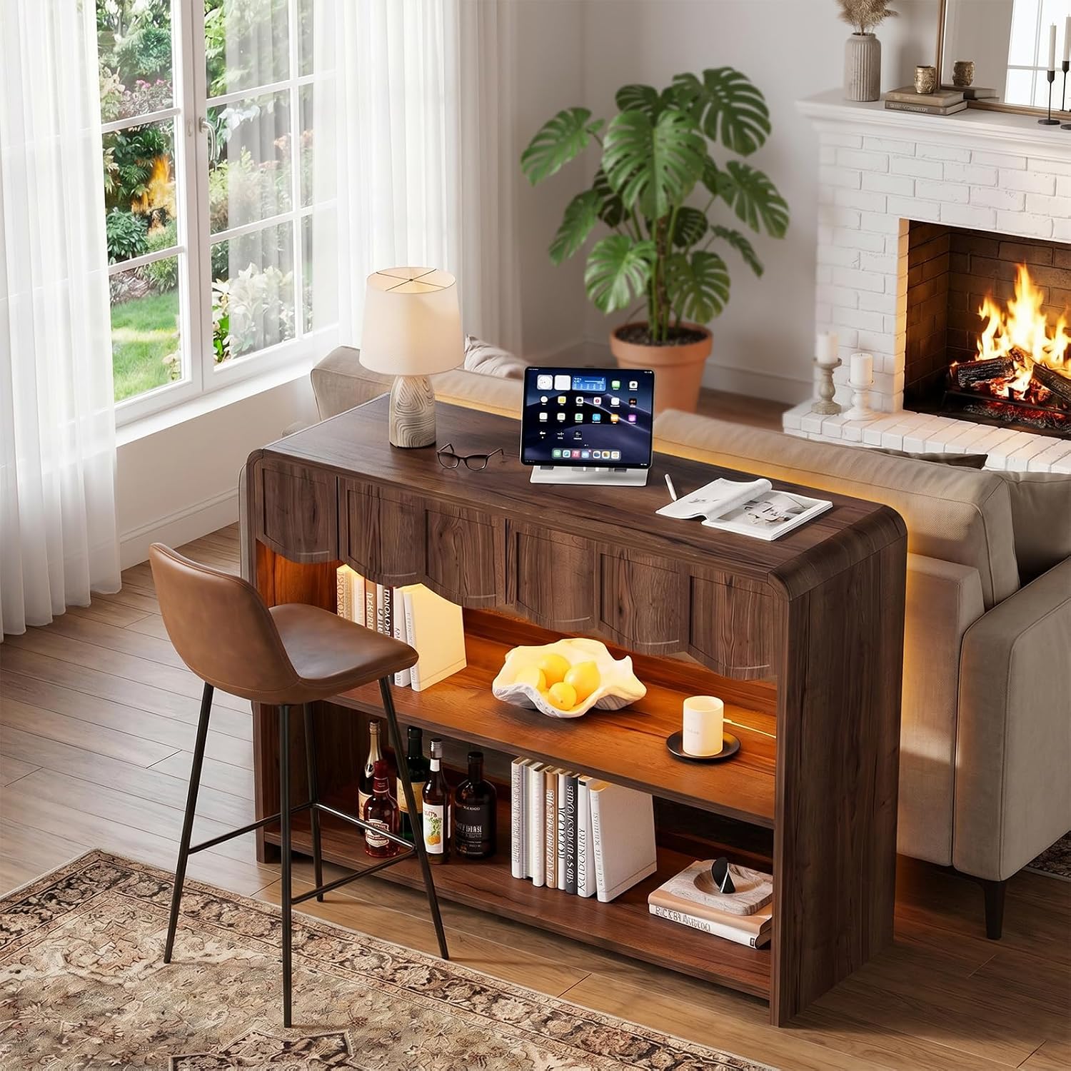 PAKASEPT Retro Entryway Table with RGB LED Lights, 43" Walnut Console Table with 3 Drawers & 2 Open Storage Shelves, Mid-Century Modern Hallway Accent Tables Behind Couch Table for Living Room