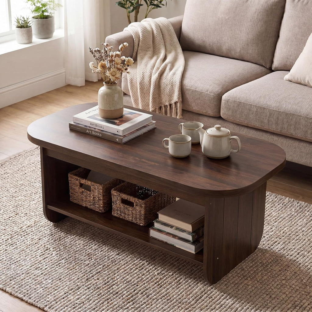 Giantex Oval Coffee Table, 47" Mid Century Modern Center Table with Storage Shelf & Round Corner, 2-Tier Accent Cocktail Tea Table, Wood Coffee Table for Living Room, Small Spaces (Espresso)
