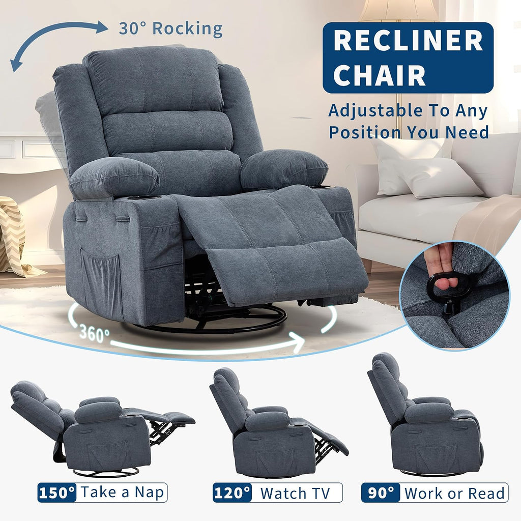Garvee Rocking Recliner Chair Lazy boy Swivel Nursery Rocker for Adults | Wide 360° Recliner with Cup Holder Glider with Upholstered Deep Seat Linen Lazy boy chair for Living Room Blue