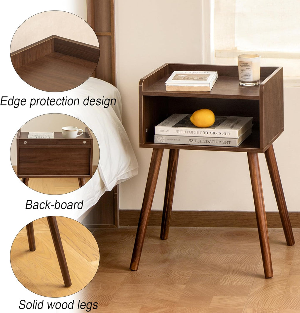 MaxSmeo Small Nightstand, Mid Century Modern Side Table Bedroom with Storage, Small End Bedside Table with Solid Wood Legs for Living Room, Office(Walnut Brown)