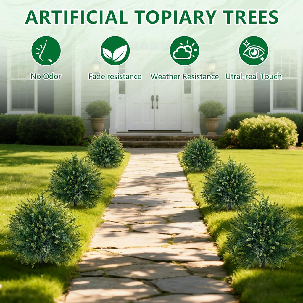 Artificial Cedar Topiary Trees with Ground Spike, 2 Pieces Fake Pine Shrubs Bushes, UV Resistant Faux Evergreen Cypress Tree Plants for Indoor Outdoor Planters Front Porch