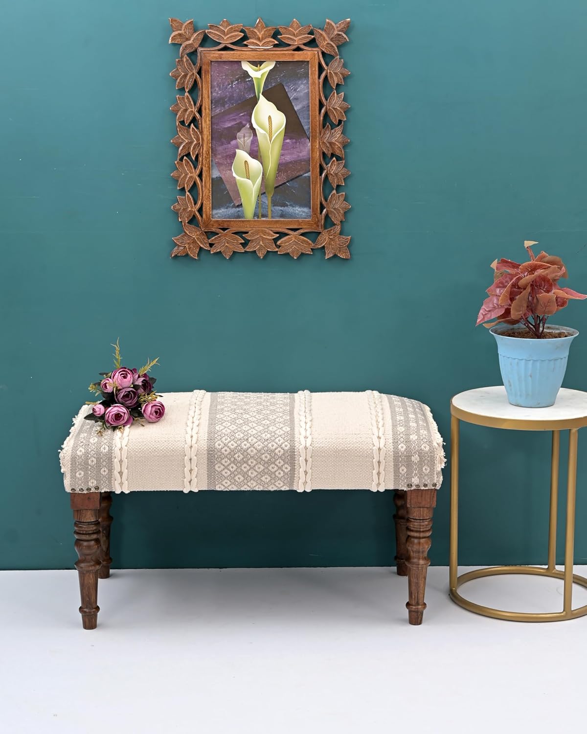 Entryway Mango Wooden Bench Table for Home Dining Room Bedroom| 2 Seater Bench | Modern Design Handmade Cotton Fabric upholstered 31.4" D x 15.7" W x 17.7" H(White)