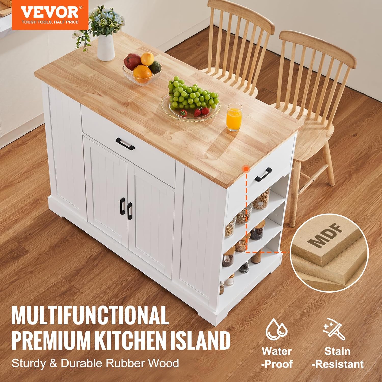 VEVOR 46" Wood Top Breakfast Bar with Storage Cabinet, Farmhouse Kitchen Table with Adjustable Shelf, Drawer, for Dining Kitchen Living Room, White