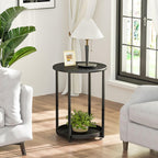 Small Round Side Table, 2 Tiers End Table, Nightstand with Metal Storage Shelf for Small Spaces, Living Room, Bedroom, Black