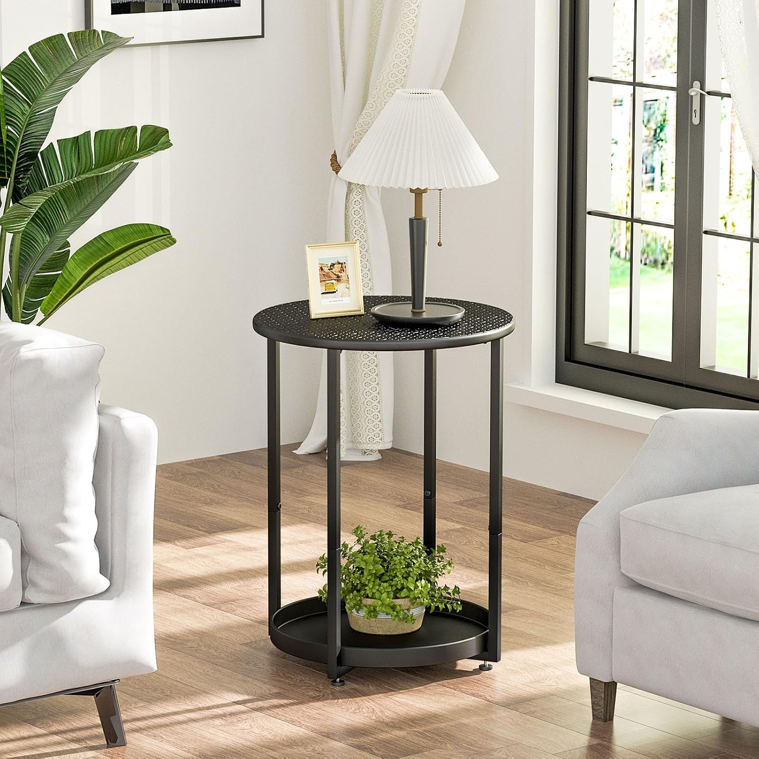 Small Round Side Table, 2 Tiers End Table, Nightstand with Metal Storage Shelf for Small Spaces, Living Room, Bedroom, Black