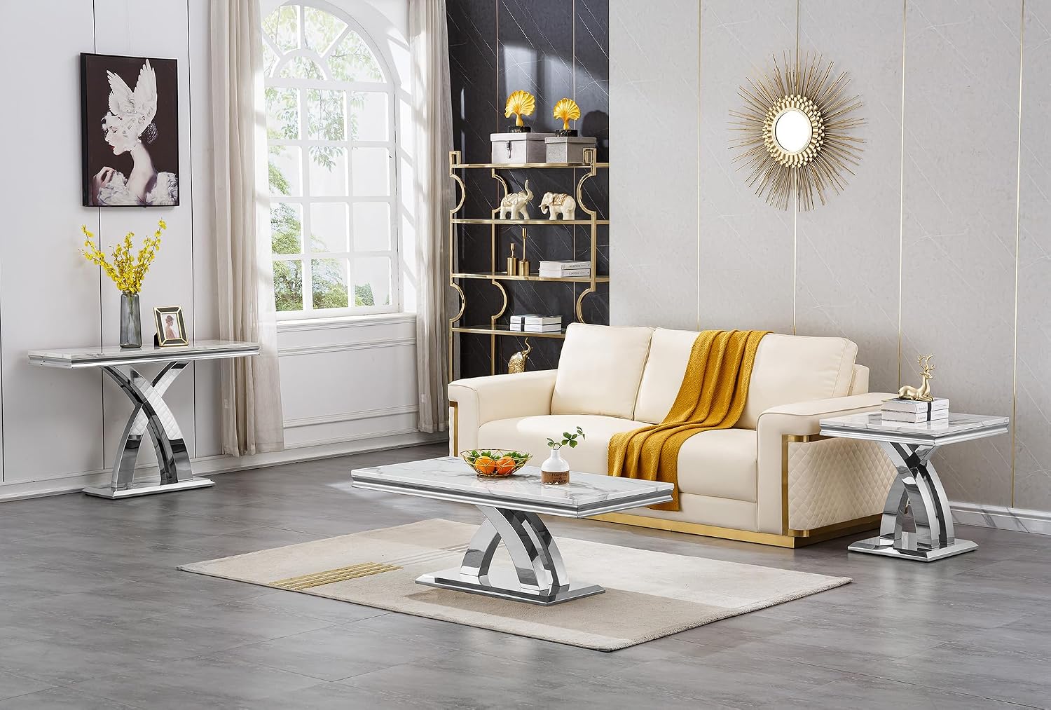 Modern Marble End Table Luxury White Faux Marble Sofa Side Table with Silver Mirrored Stainless Steel Base Square Bedside Tables Nightstand for Living Room Bedroom Office
