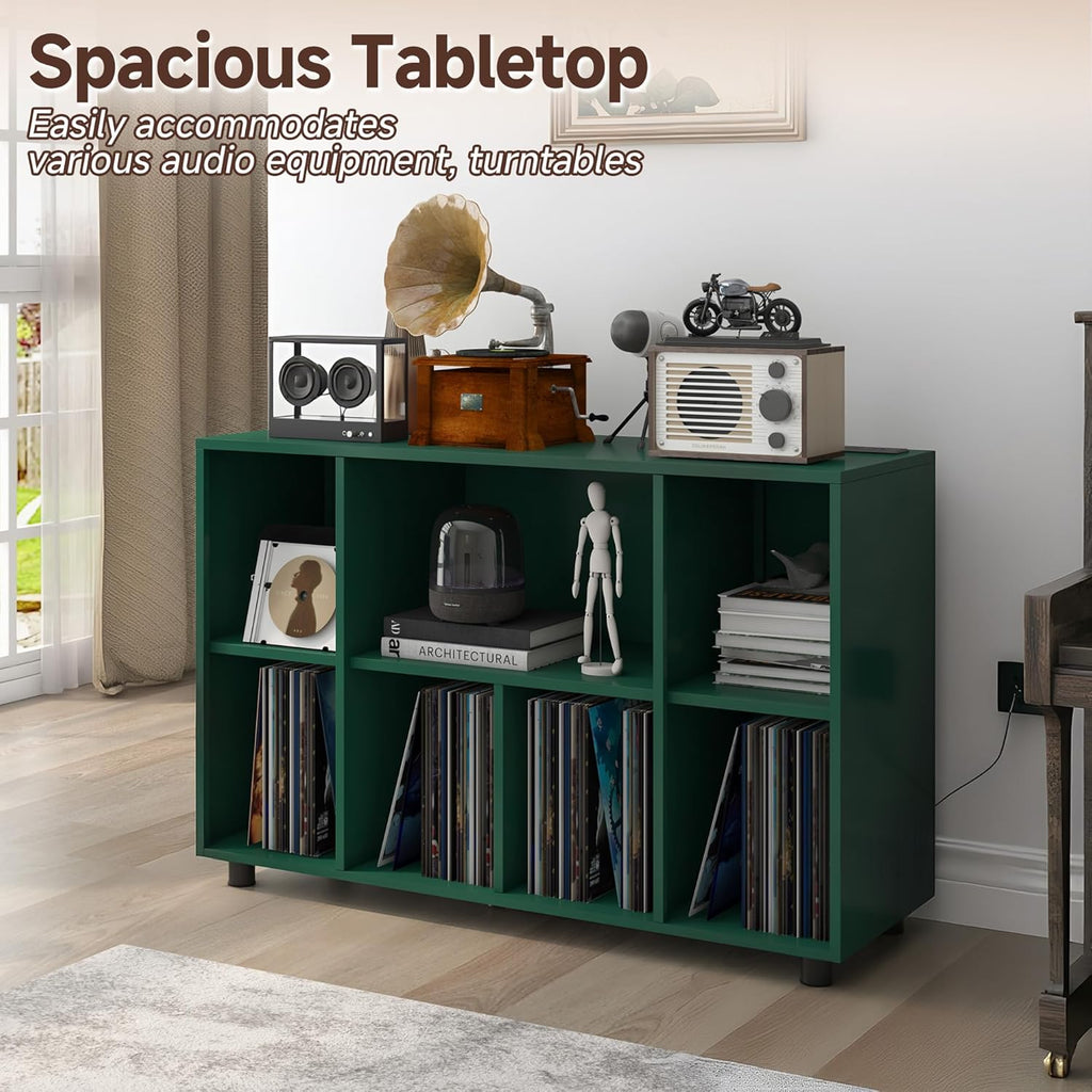 Record Player Stand with Charging Station, Green | Vinyl Record Storage Cabinet, Holds Up to 500+ Albums, Metal Turntable Stand with Large Tabletop for Music Room Studio